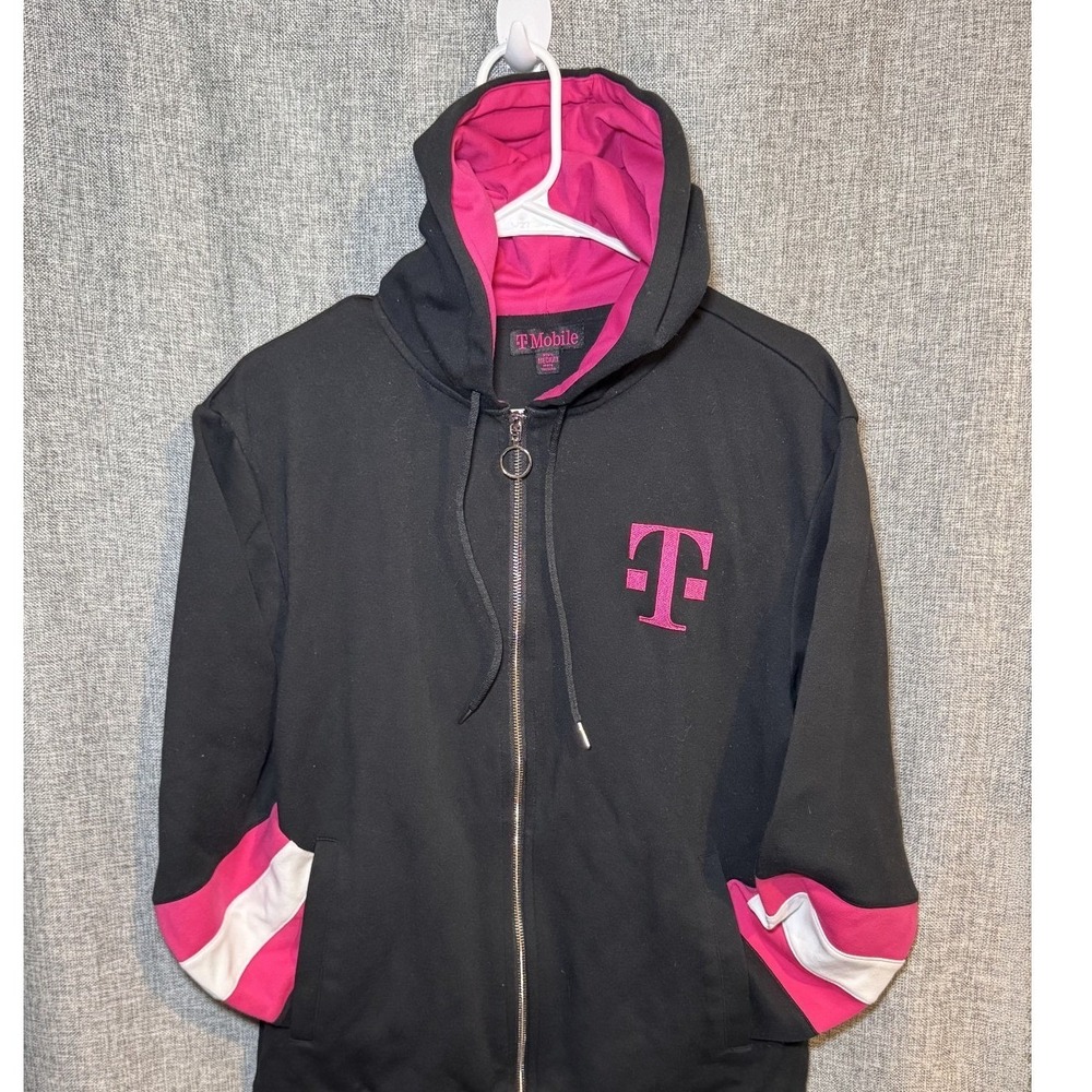 T-Mobile Mens Full Zip Hoodie Black Magenta Logo Sweatshirt Medium